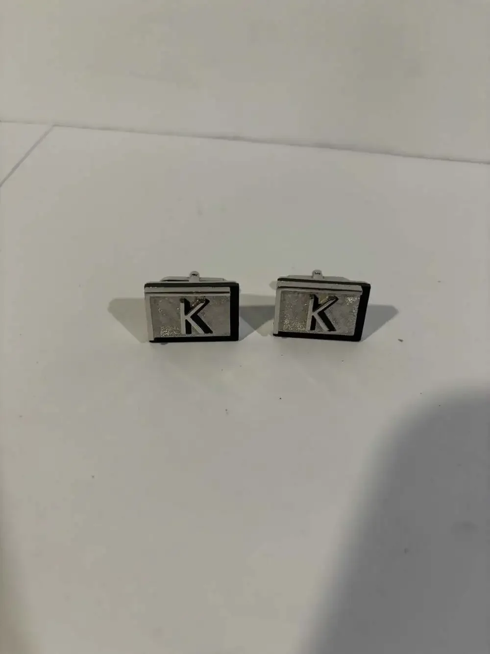 Vintage Swank Initial K Monogram Cufflinks Silver Tone and Black Rectangular